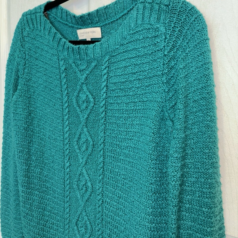Jones New York Signature Sweater Womens M Teal Green Cable Knit Pullover- Sport